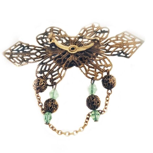 Vintage Victorian Edwardian filagree pin blue opalescent center stone gold wash - Picture 5 of 7